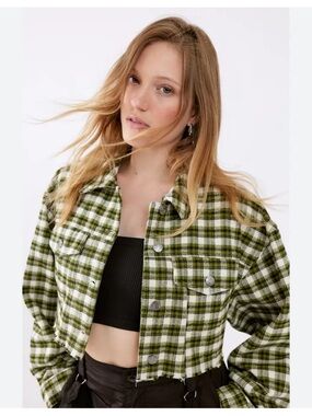 Urban Outfitters Olive Green and White Plaid Cropped Jean Jacket